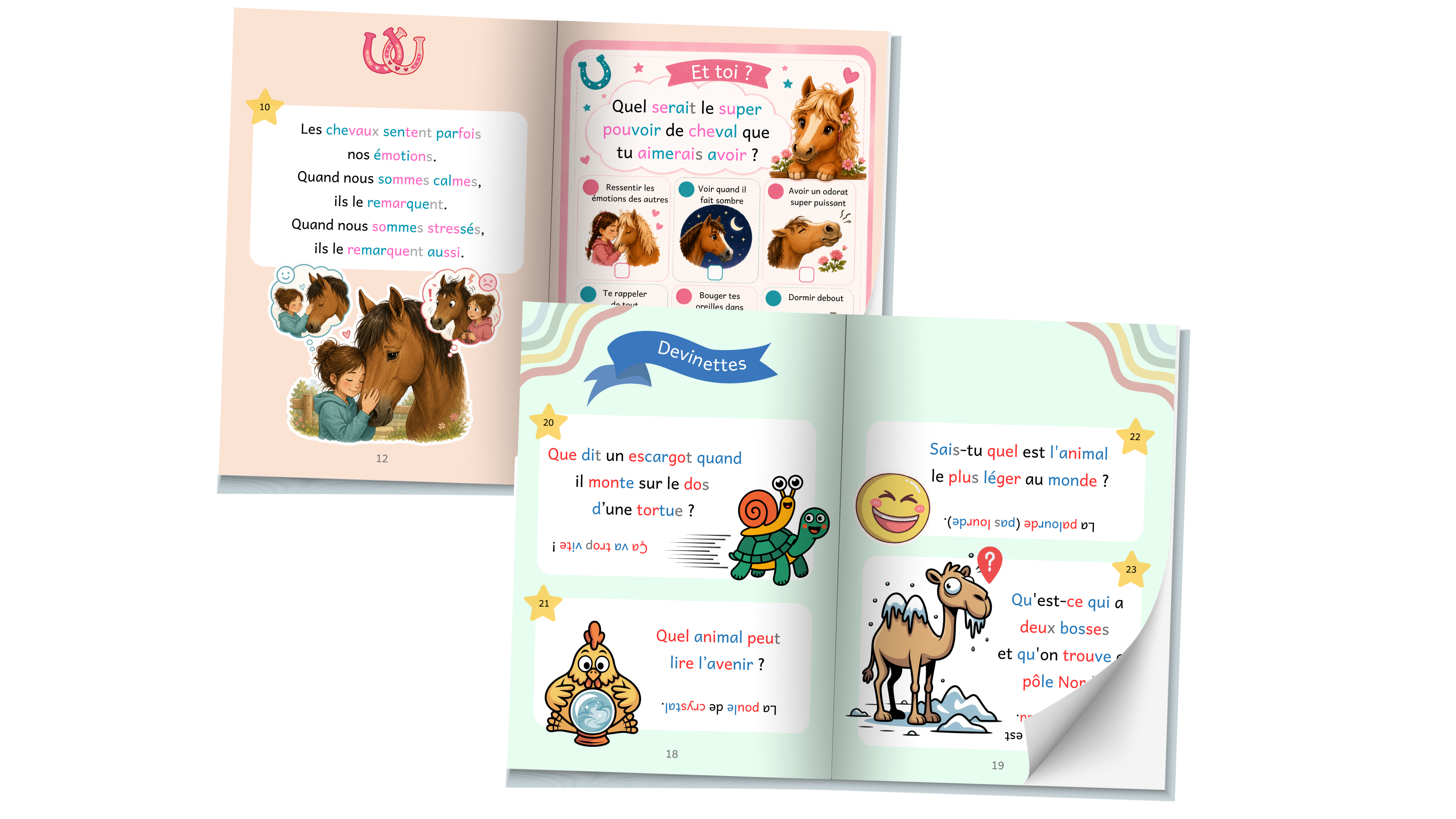 Mockup des doubles pages de 101 Secrets sur les chevaux et 101 Blagues pour lecteur débutant