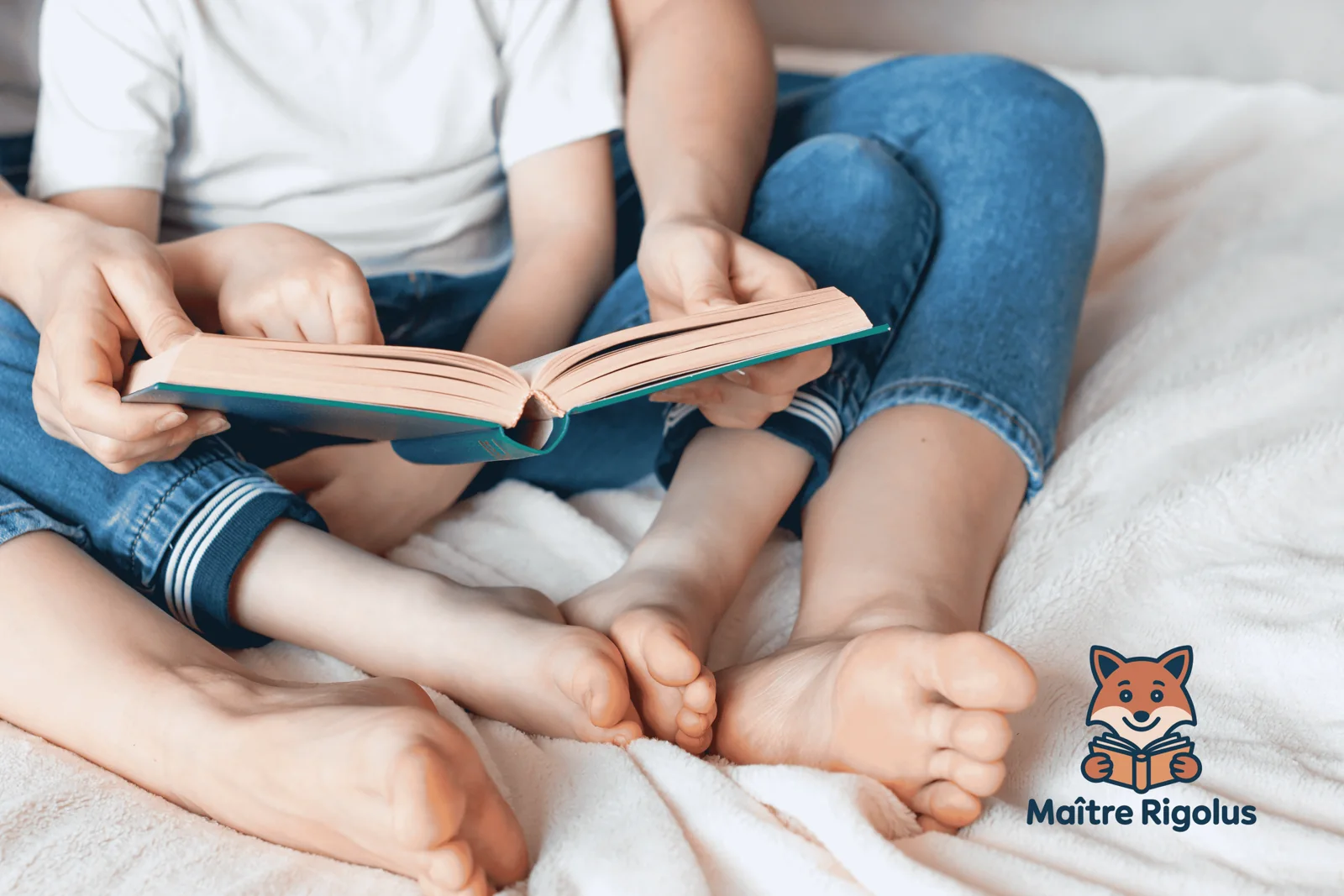 Un adulte et deux enfants lisent ensemble un livre
